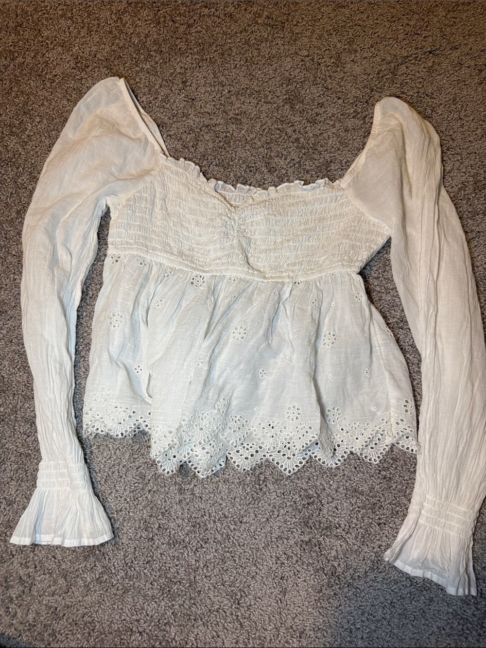 American Eagle Outfitters White Eyelet Smocked Peplum Blouse